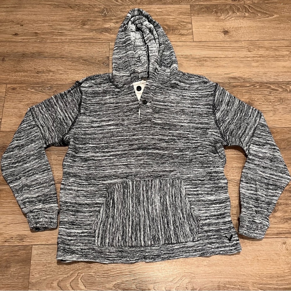 American Eagle Vintage Mens Heathered Black & White Hoodie Sweater - Size Large
